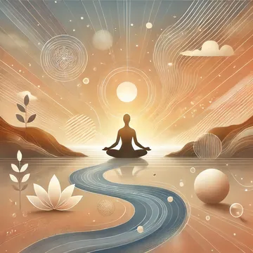 Ilustración de mindfulness con una persona meditando en un entorno sereno, rodeada de elementos naturales y colores cálidos que simbolizan paz y enfoque.
